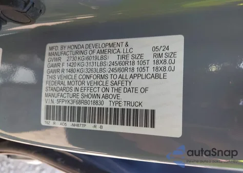 2024 Honda Ridgeline Trailsport from USA, damaged, VIN 5FPYK3F68RB018830